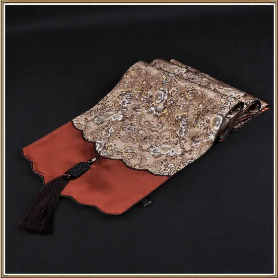

The new Chinese style luxury silk brocade table runner Jade jade Ruyi head table flag customization bronze flower and peony