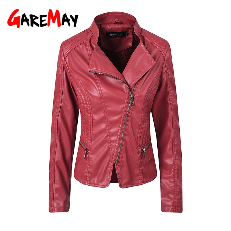Gareмая черные женские кожаные куртки из искусственной кожи красный длинный рукав осенняя куртка женская куртки и пальто