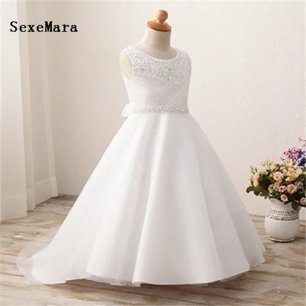 Real Pictures Witte Bloem Meisje Jurken voor Bruiloft Kralen Kant Pageant Jurk Verjaardag Jurk Eerste Communie Gown Custom Made