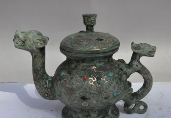 

11" old chinese pure bronze Brave troops Pixiu beast statue Wine Tea Pot Flagon