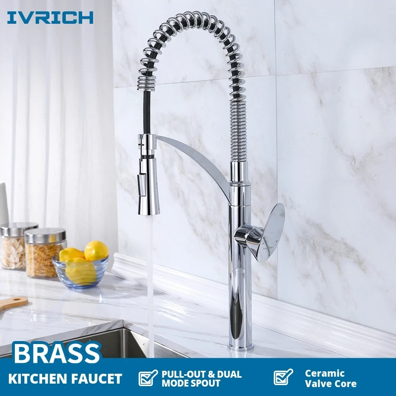 

IVRICH Brass Dual Mode Effluent Switchable Kitchen Faucet Pull-Out Spring Resilience Sink Mixer VR2177C