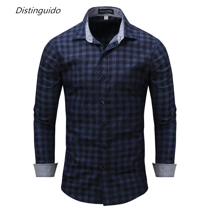 Mens Dress Shirt Brand Casual Denim Style Checks Blue Shirts New