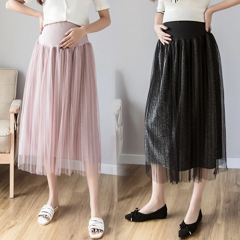Solid Pleated Maternity skirts Clothes For Pregnant Women Pregnancy Clothing Mesh High waist skirt Gravidas Vestidos Summer