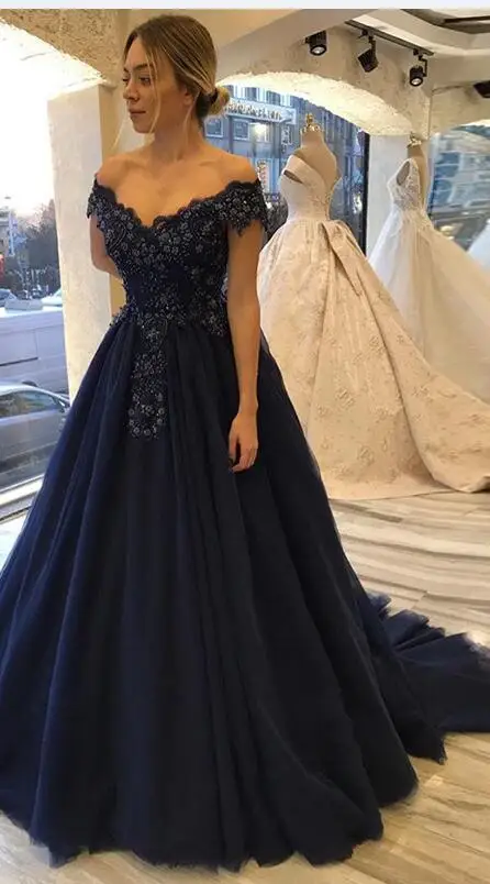 Picture Navy Blue Лидер продаж с открытыми плечами Длинные платья выпускного вечера Лодка шеи с короткими рукавами, с аппликацией с бисером, темно-синее Для женщин официальная Вечеринка платье Часовня Поезд - Цвет: Picture Navy Blue