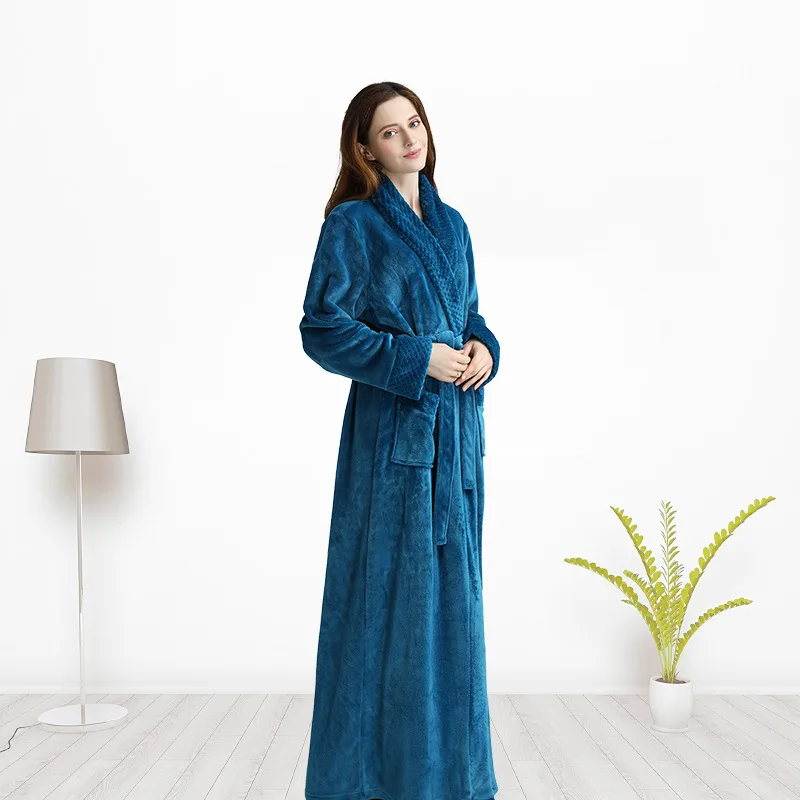 QWEEK Winter Stitching Womens Robes Sleepwear Plus Size Splid Color Bathrobes Homewear Flannel Couple Bath Robe Sleepwear - Цвет: W haiganglan