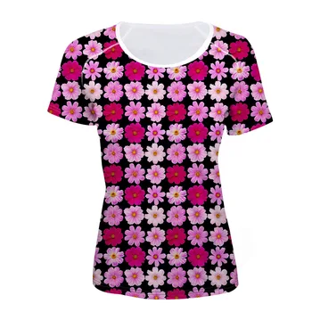 

FORUDESIGNS Floral T Shirt For Women Harajuku Pretty Brand Clothes Casual Tops Flower Tee Elastic Female O Neck T-shirt girl XXL
