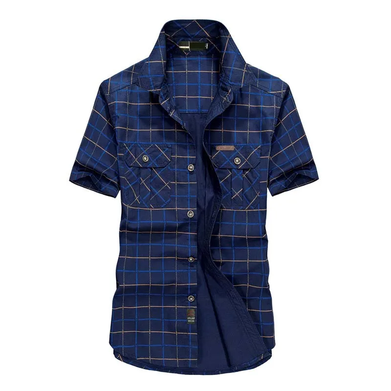 Summer Mens Short Sleeve Shirts High Quality Cotton Male Plaid Shirt 2 Pockets Plus Size M-5XL
