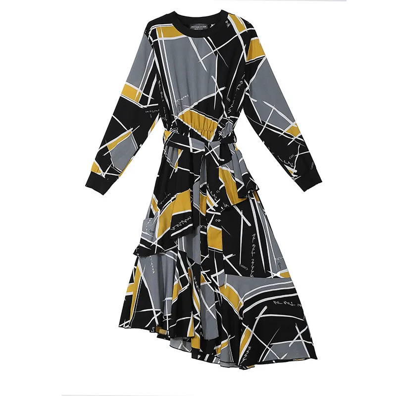 [EAM] 2019 New Spring Winter Round Neck Long Sleeve Black Pattern Printed Loose Irregular Hem Long Dress Women Fashion JI043