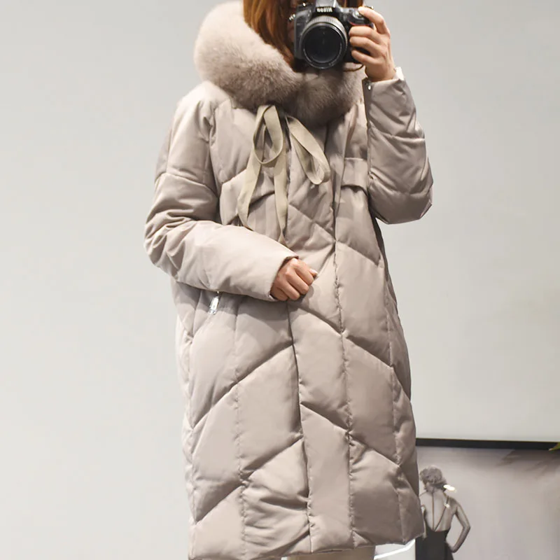 Зимний женский пуховик, большой воротник из натурального Лисьего меха, длинная парка, зимняя одежда, теплое плотное пуховое пальто, женская зимняя куртка