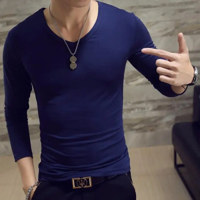 Мужские осенние футболки с длинными рукавами, пуловер с v-образным вырезом, приталенный Повседневный минималистичный Мужской Топ, NGD88