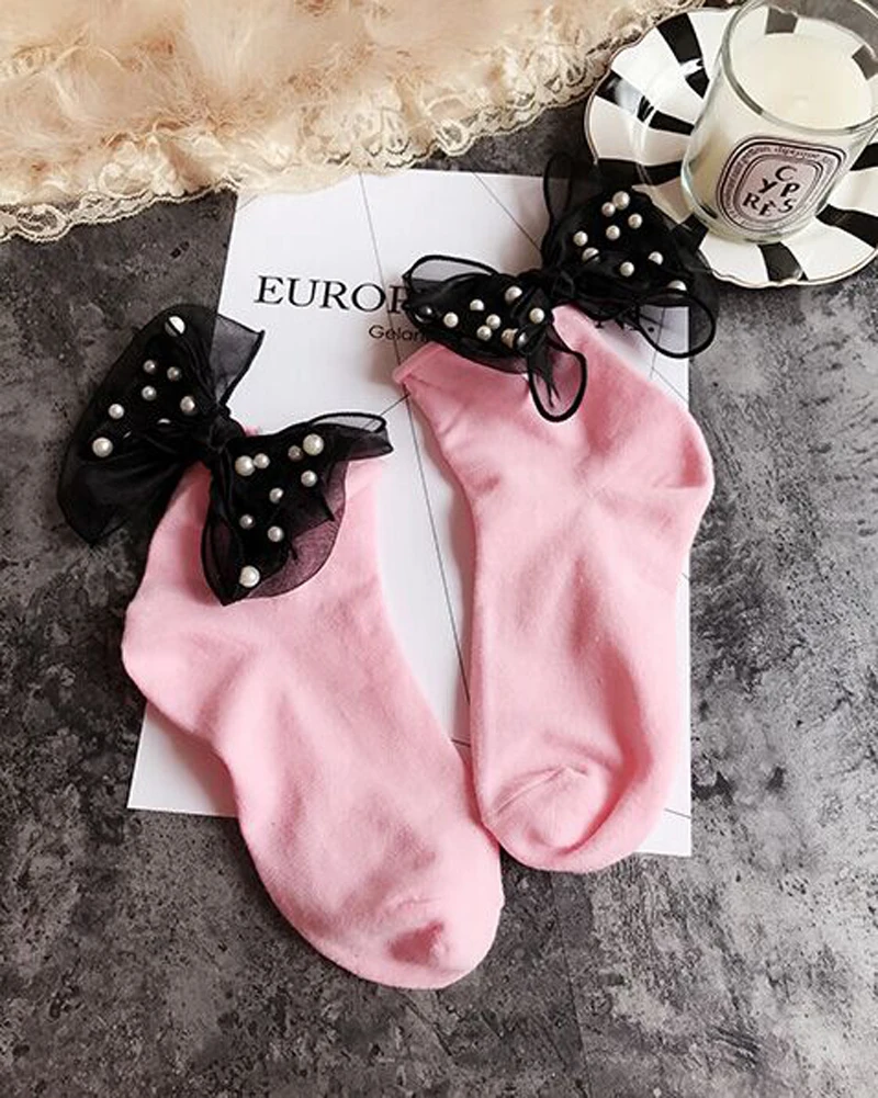 Милые женские носки, хлопковые носки с бантом для девочек, кружевные модные новые мягкие носки с жемчужинами