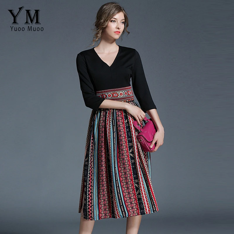 

YuooMuoo New European Style Chiffon Patchwork Dress V-neck Casual Midi Dress High Quality Luxury Women Dress