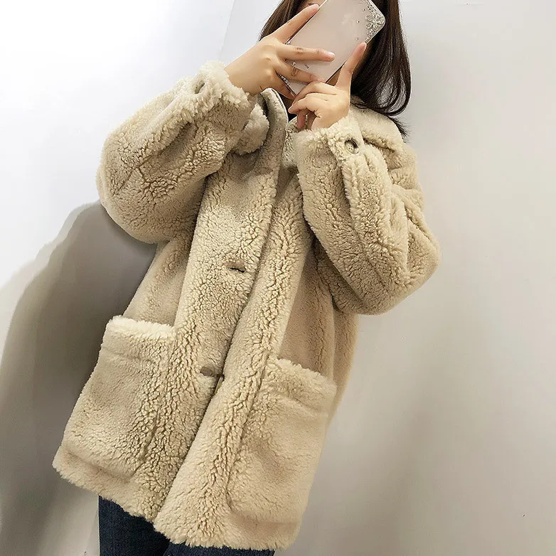 WSYORE Female Lamb Fur Coat New Autumn and Winter Women Loose Fur Jacket Outwear Thick Long Sleeve Fur Coats NS1313 - Цвет: beige camel