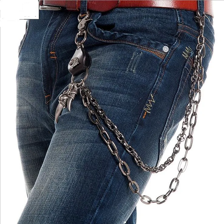 Ceny NOWY Hip Hop męska Orzeł Głowy i Pazury Czarne Gunmetal portfel Trucker Brelok 2 Sploty Chain Biker Ciężki Talii Dżinsy łańcuch