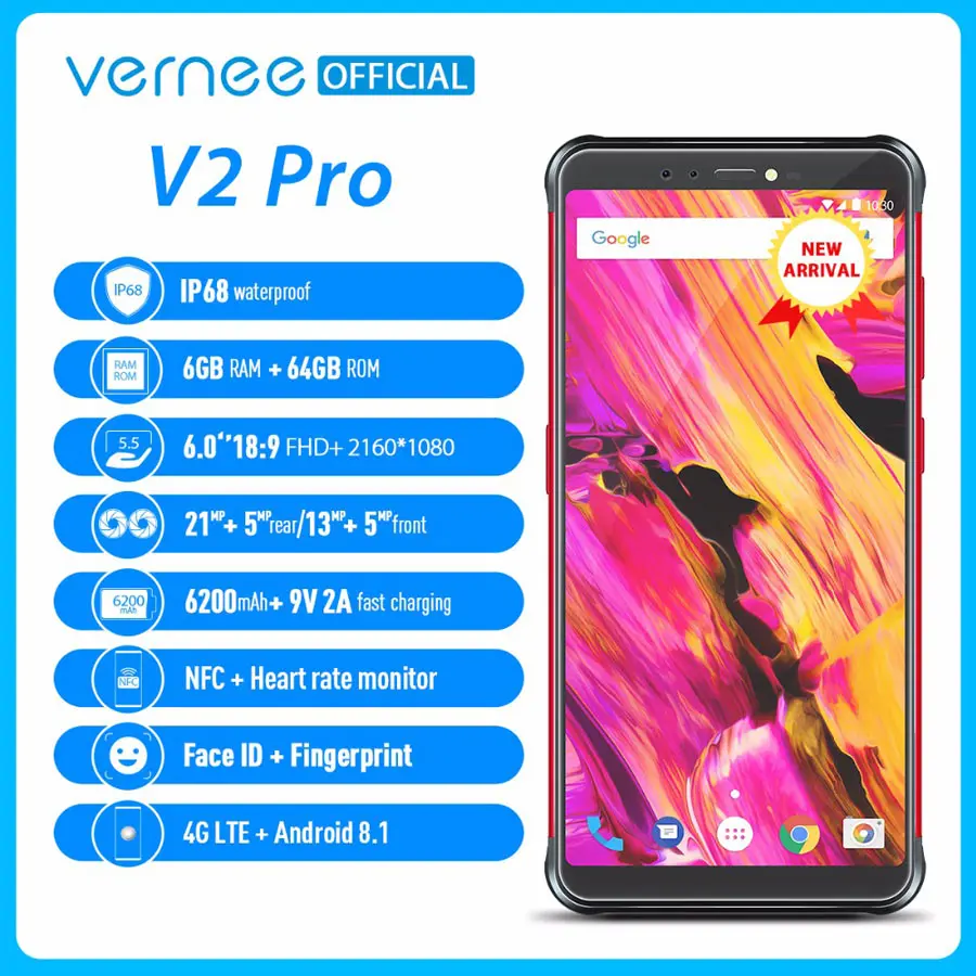 Vernee V2 Pro IP68 Водонепроницаемый смартфон 5 99 &quotFHD FaceID NFC глобальную сеть 6 ГБ 64 Гб 4