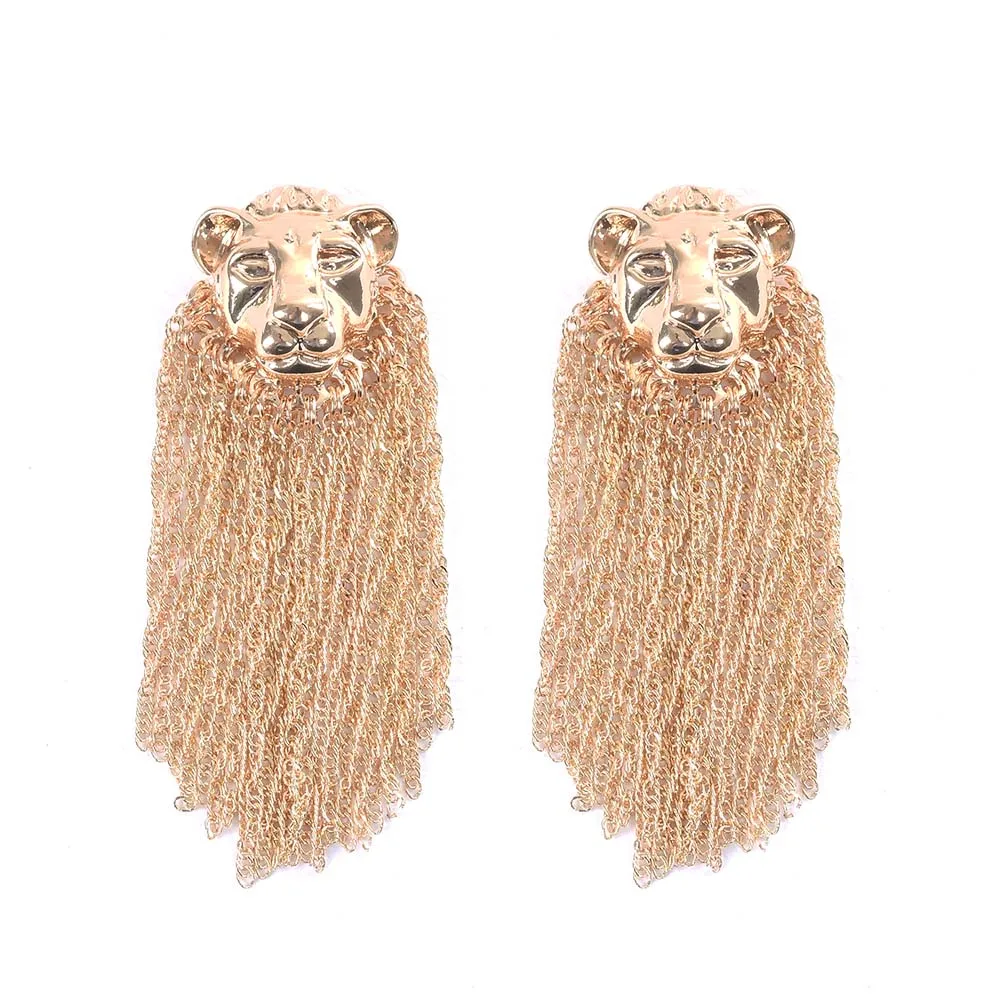 

Classic Lion Head Long Tassel Drop Earrings Women Gold Metal Chain Za Earrings Ear Jewelry Female Ethnic Punk Rock Dangle Earing