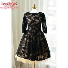 Elegante Halbarm Black Lace Cocktailkleider 2016 Knielangen Abendkleider mit Champagner Tüll Innen robe de cocktail TC31
