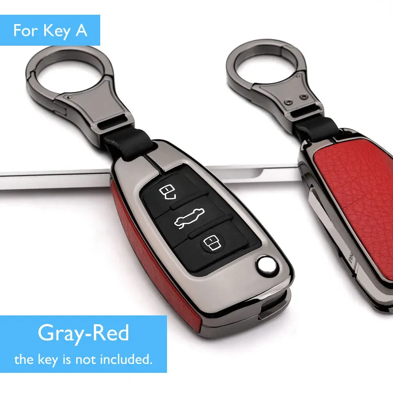 Цинковый сплав+ кожаный чехол для ключей автомобиля для Audi A3 A4 A5 A6 B6 B7 B8 Q5 Q7 протектор для пульта дистанционного управления чехол брелок сумка авто аксессуары - Название цвета: A Gray Red