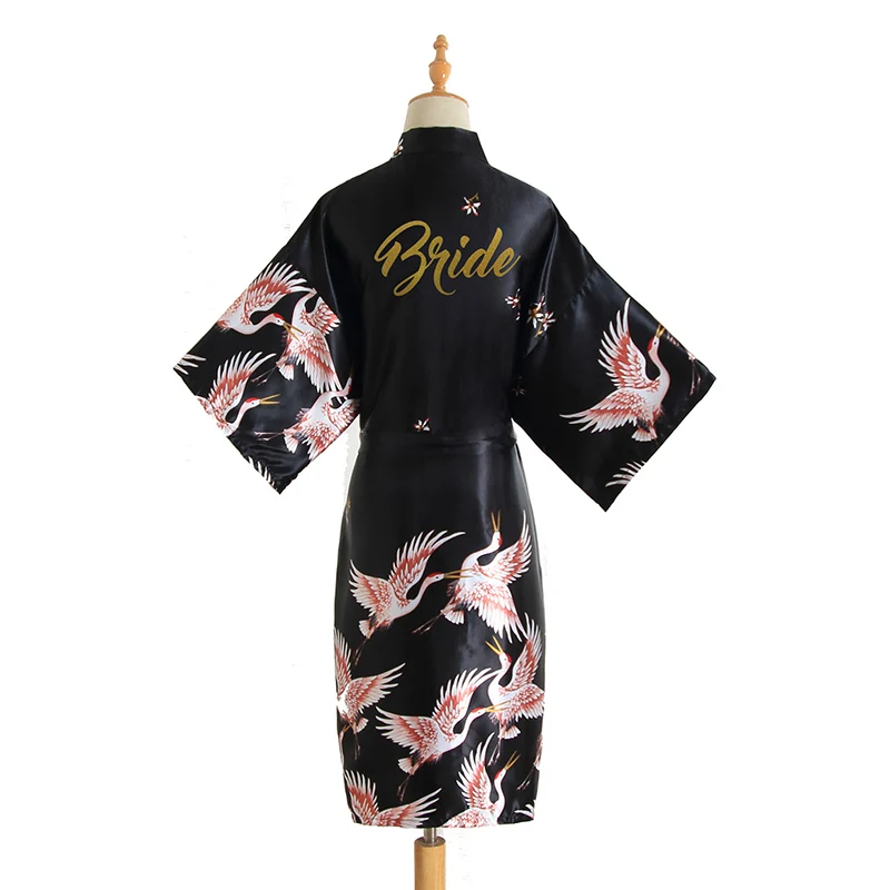 BZEL невесты пеньюары домашний халат для женщин свадебный халат кран узор банный халат шелковое атласное кимоно ночное белье для женщин Ночная рубашка - Цвет: black