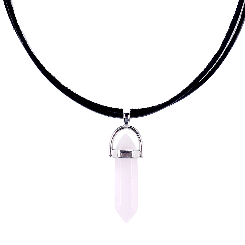 2018 New Arrival Leather Choker Necklace Black Color Natueal Stone Pendant Necklace Hexagonal Column Quartz Necklaces (8)