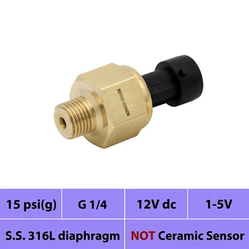 

0 to 15psi pressure sensor, 1 bar, 100 Kpa gauge, 1 to 5V signal, AISI 316L diaphragm, G1 4 thread, 12V, 24V dc power, packard