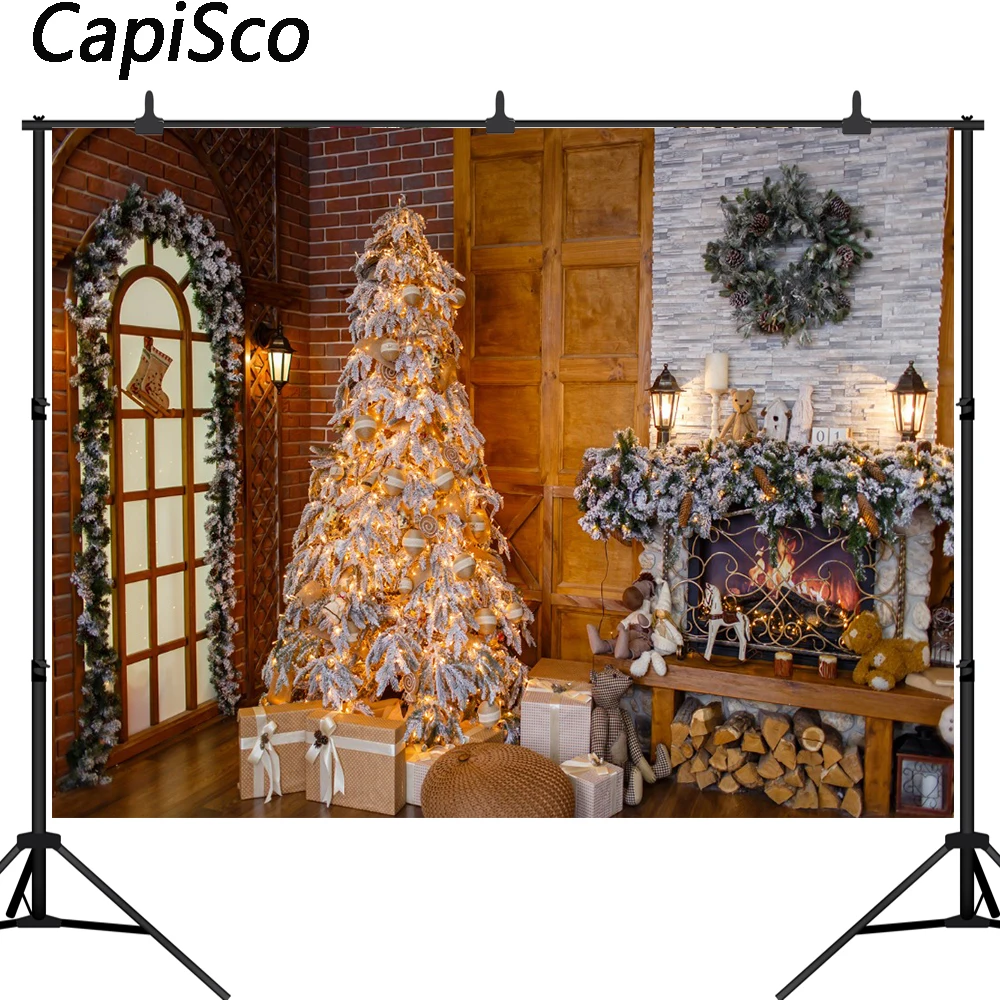 

Capisco Christmas Tree Fireplace Interior Scene Baby Photography Backgrounds Customized Photographic Backdrops For Photo Studio