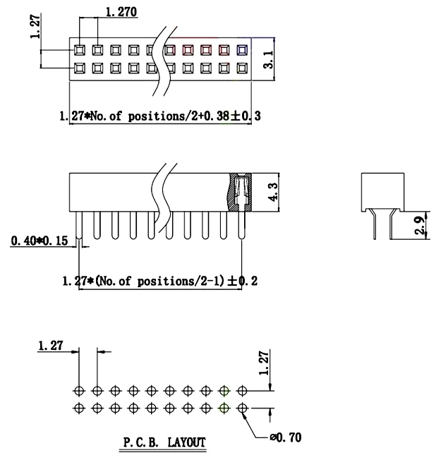 100 шт 1,27 мм Шаг двухрядные прямые контакты 4,3 мм Женский PTH Pin Заголовок для Arduino 2x30 P