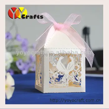 

Hot Sale Pearl Paper Wedding Candy Box With Ribbon laser cut romantic bird shaped sweet wedding favor box