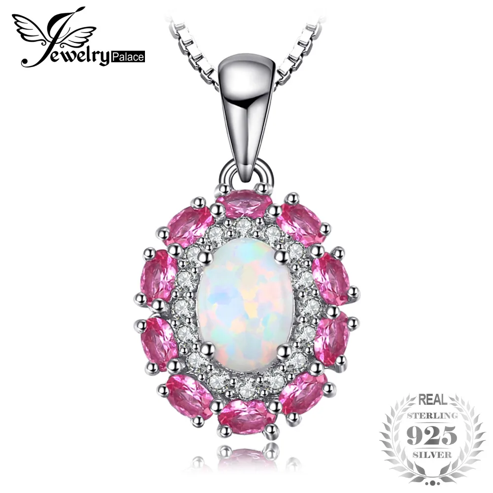 

JewelryPalace 0.9ct Created Opal Inlay Pink Sapphire Necklaces Pendants For Women 925 Sterling Silver Box Chain Wedding Jewelry