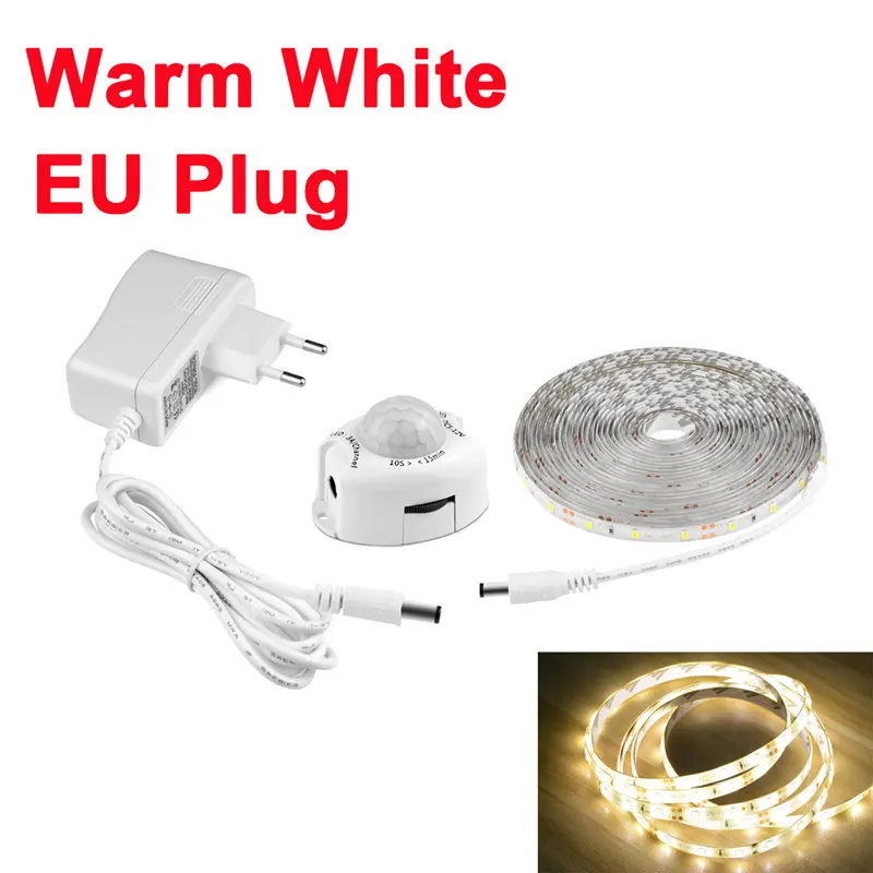 110V 220V to 12V LED Strip Light+ PIR Motion Sensor Detector+2A US EU Power Adapter Flexible Tape tira led impermeable Kitchen - Испускаемый цвет: EU Plug Warm White