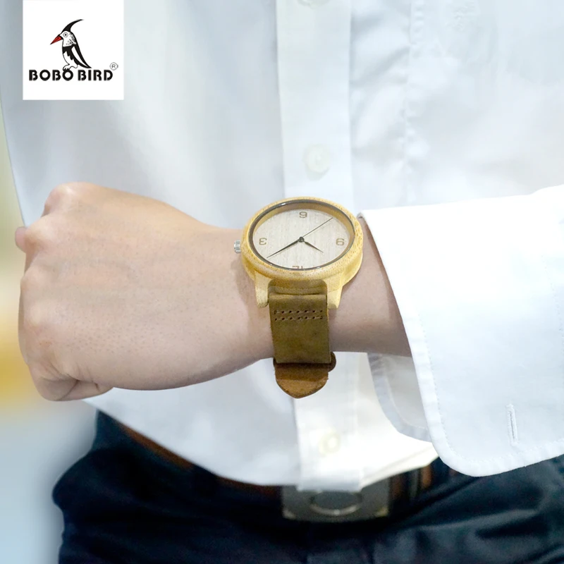 BOBO BIRD Brand Handmade Mens Watches With Brown Genuine Cowhide Leather Strap Wood Watch for Men and Women as Gifts