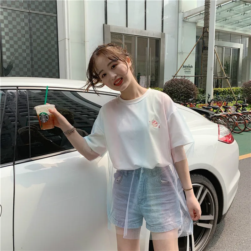 2019 الصيف الكورية فضفاض المطرزة تي شيرتات قصيرة الاكمام الإناث منتصف طول التدرج شبكة تي شيرت الكبس قميص قمم المحملة 2019 الصيف الكورية فضفاض المطرزة تي شيرتات قصيرة الاكمام الإناث منتصف طول التدرج شبكة تي شيرت الكبس قميص قمم المحملة