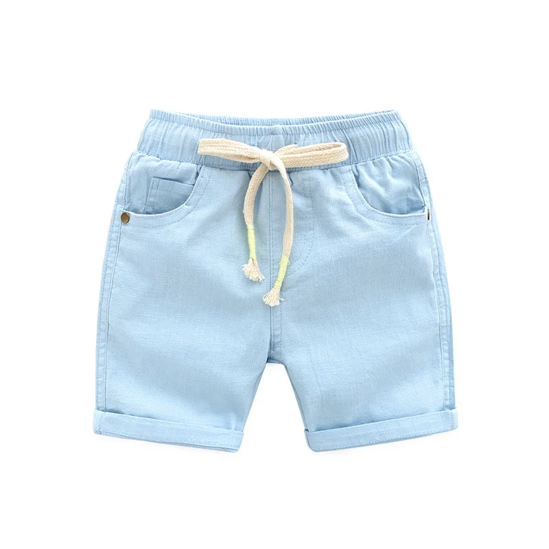 DE PEACH/Коллекция года, летние цветные хлопковые льняные шорты для маленьких мальчиков детские повседневные штаны для мальчиков, пляжные шорты для девочек, для детей ростом от 90 до 130 см - Цвет: Небесно-голубой