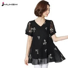 Новые летние Для женщин топы большой Размеры элегантные модные жира сестры покрыты живот сестра вышивка шифон рубашки LWH12