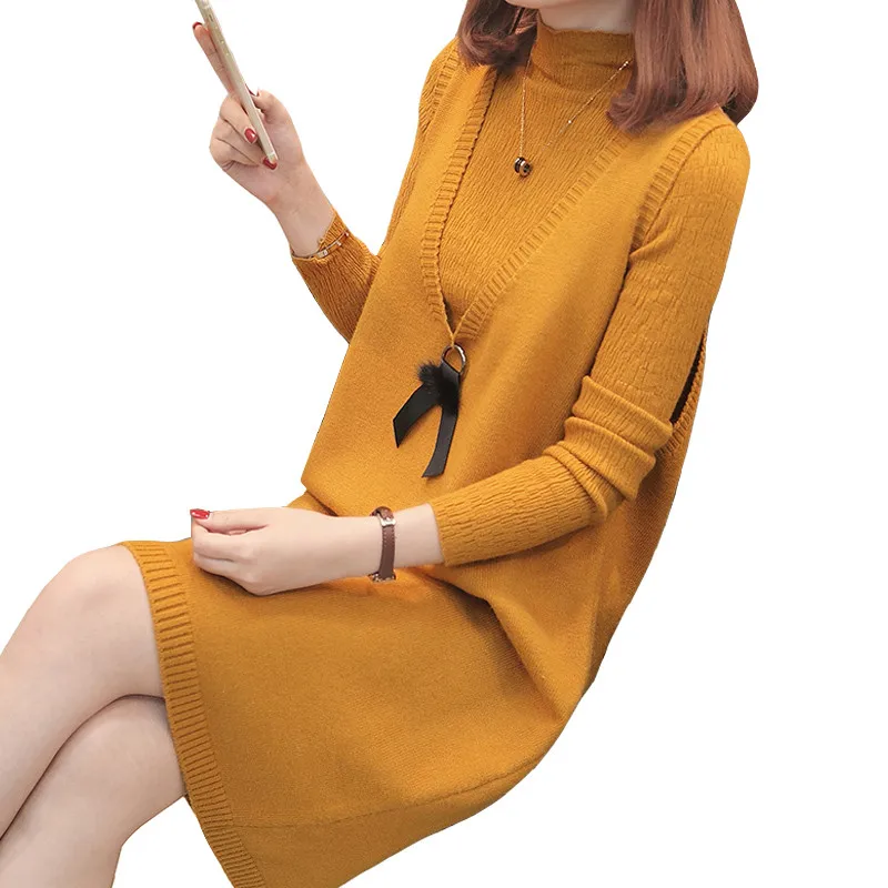 

2018 Autumn Women's Sweater Dress V-neck Two-piece Knitting Vest Sweaters Set Pullovers Knitted Sweaters Female Jumper Tops S96