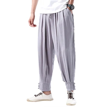 

2019 Summer Harem Pants Men Linen Cotton Trousers Man Hip Hop streetwear Pants Male Breathable Straight Pants Navy Pant M-5XL
