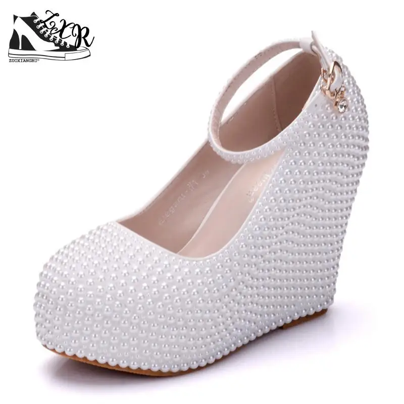 

large size 33-42 White Platform Wedges Shoes Pumps Women High Heels Platform Shoes Round Toe Wedges Pumps Cross Tie Wedges Heels