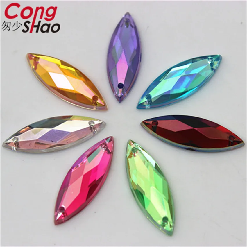 

Cong Shao 200PCS 7*21mm AB Colorful Flatback Horse Eye Stone Crystals Acrylic Rhinestone Trim Sewing 2 Hole Costume Button CS337
