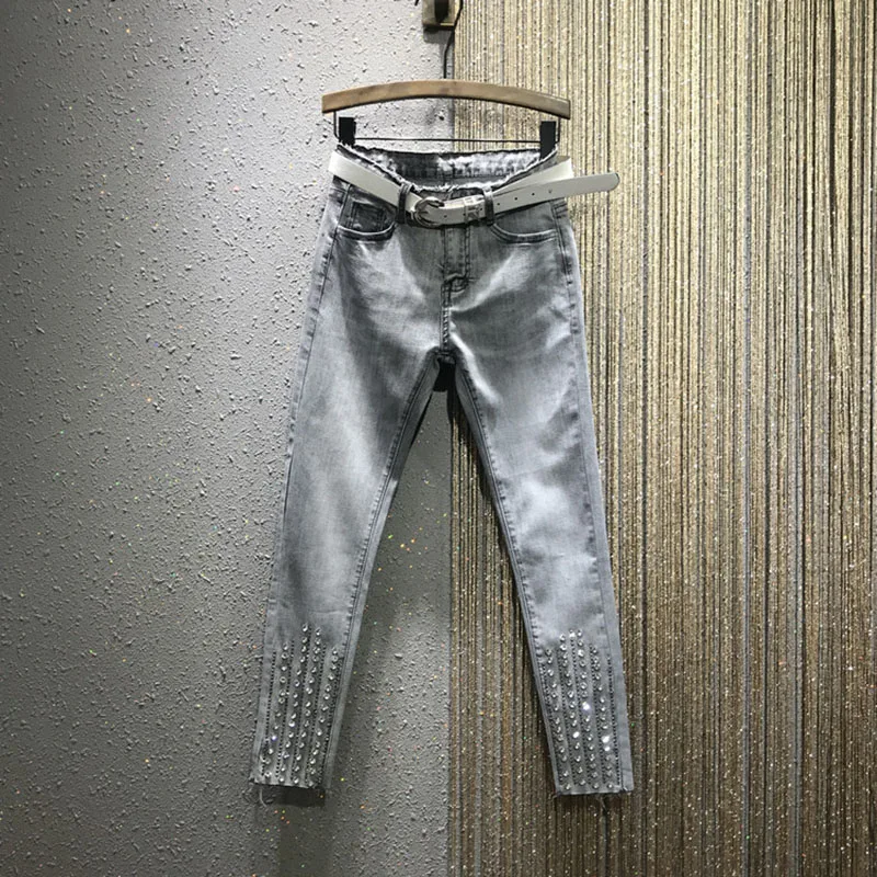 

Rhinestone beaded women jeans slim solid blue pencil female ankle length high waist tassel pants top quality