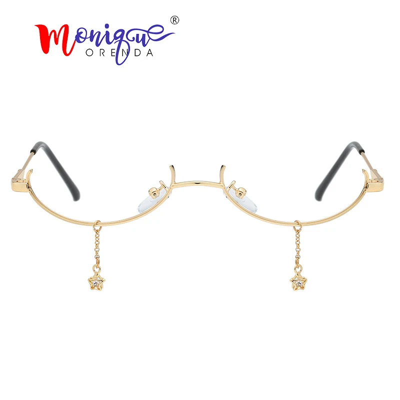 

Hip hop women glasses frame men party eyeglasses with chain crystal small half frame Lensless glasses spectacle frame