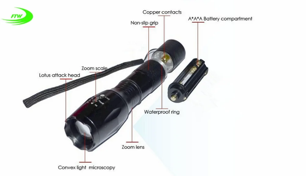 Discount flashlight T6 led flash light 7W 2000 Lumens 3 Mode high power zoomable waterproof torch lamp flash light 14650 /AAA FL0811 2
