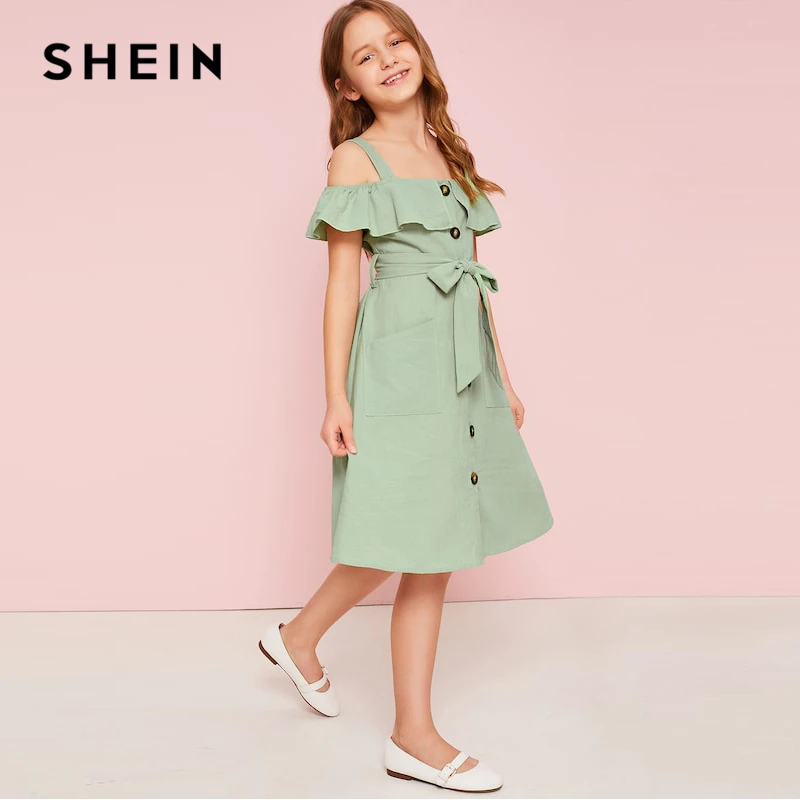 SHEIN детское зеленое платье-рубашка в стиле бохо с открытыми плечами и оборкой, с поясом, летнее милое платье на пуговицах спереди, с высокой талией, длиной до колена