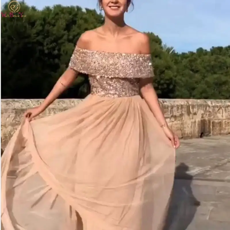 

Boat Neck Prom Dresses 2019 Off The Shoulder Floor Length Long Gown vestidos de gala Chiffon Dress Formal Party robe de soiree