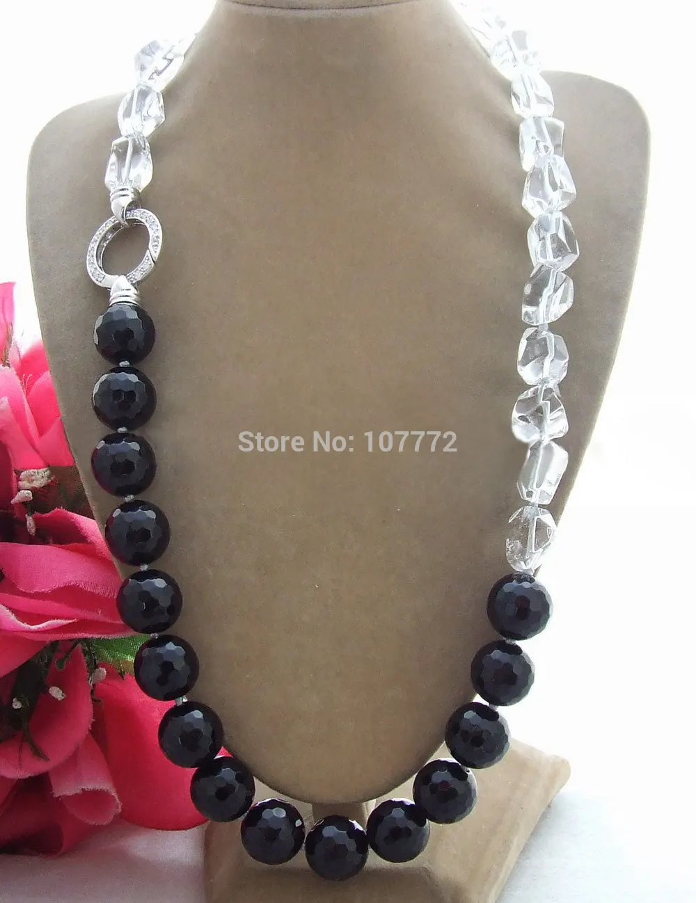 

23"16mm Faceted Onyx&White Crystal Necklace