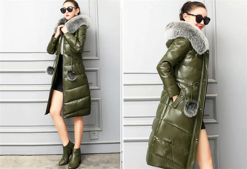Зимние Для женщин натуральная кожа пуховик 2019 новый лиса меховой воротник пальто большой Размеры M-4XL средней длины тонкий дубленок FC28