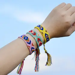 Летний стиль многоцветный плетеная веревка Браслеты для Для женщин Этническая Дизайн чешские Pattern браслет Шарм кисточкой