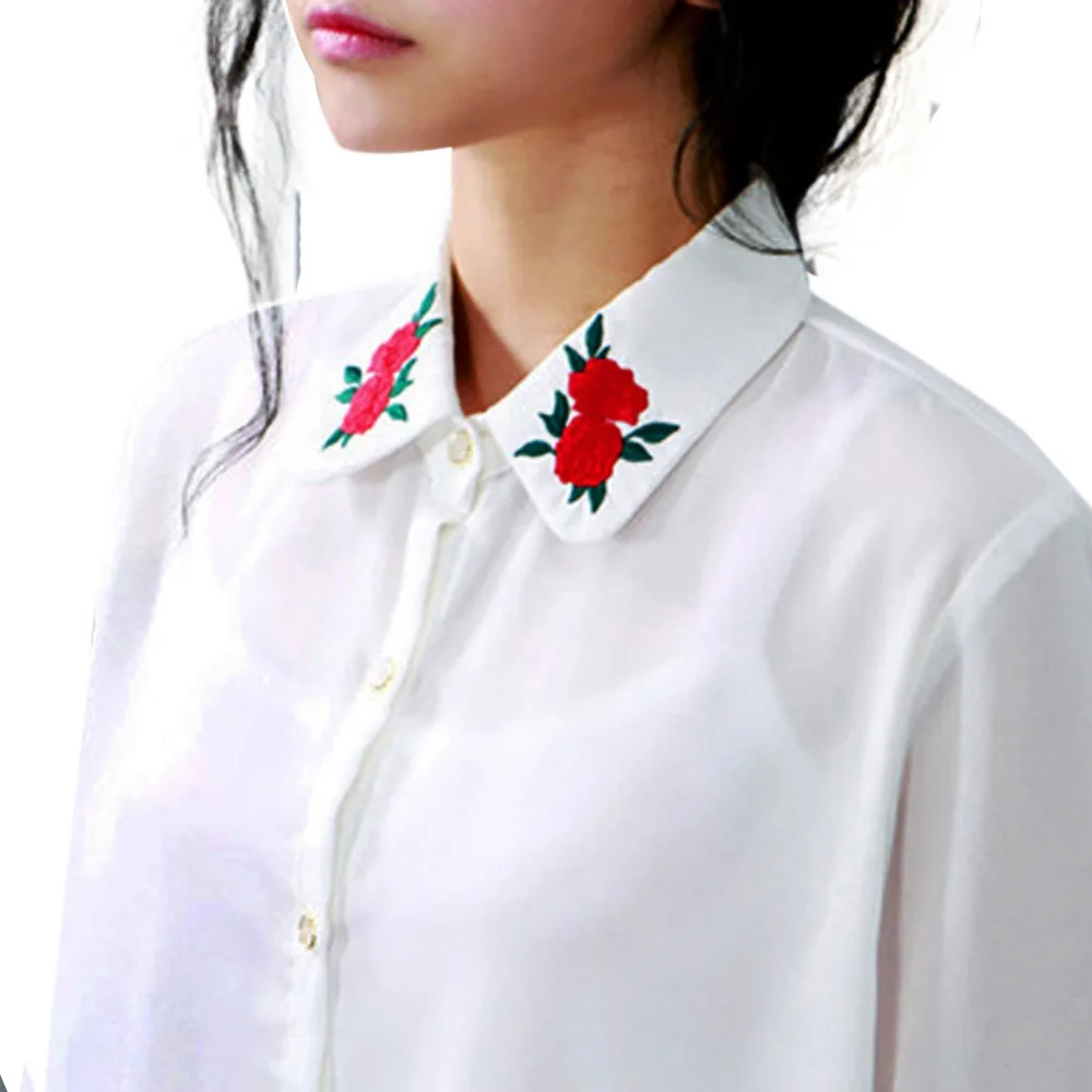 

New 2018 Korean Fashion Women Blouse Shirt Full Sleeve Turn -Down Collar Rose Pattern Embroidery Blouse Tops Fast Shipping 715