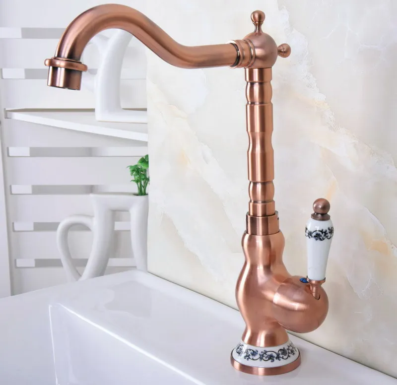 Antique Red Copper Brass Single Ceramic Lever Base Bathroom Kitchen Basin Sink Faucet Mixer Tap Swivel Spout Deck Mounted mnf638