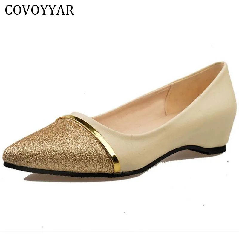 

2019 Elegant Glitter Women Shoes Loafers Spring Summer Pointed Toe Low Wedge Lady Flat Gloden Shoes Slip On Size 40 WFS261
