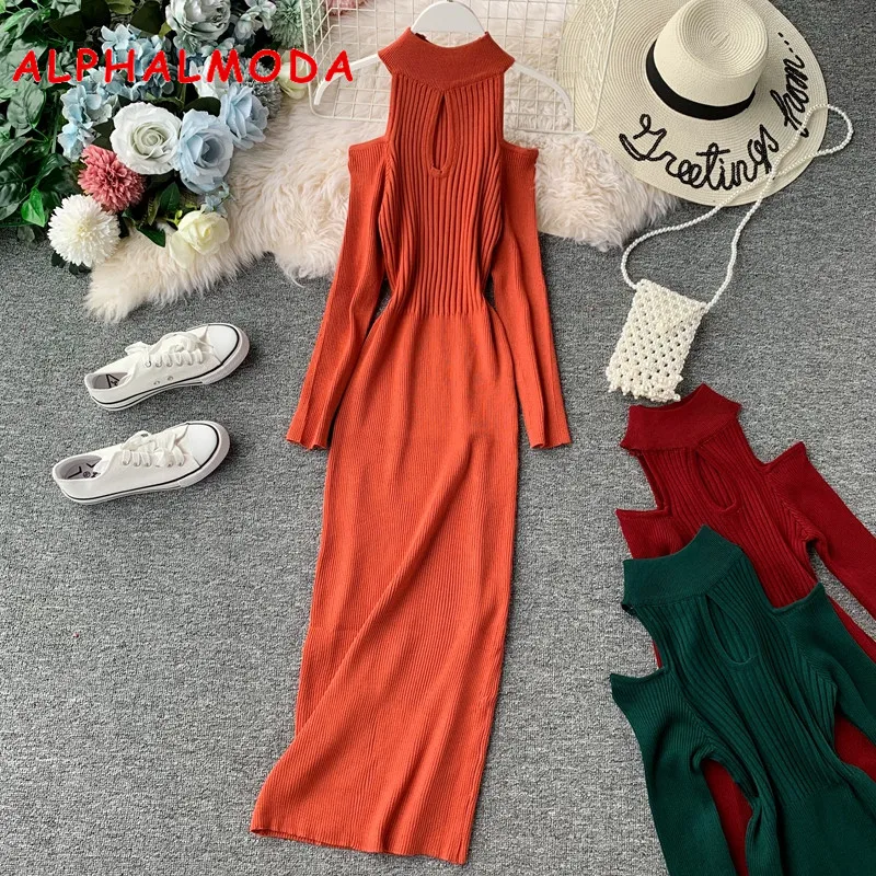 

ALPHALMODA 2019 Autumn Women's Off Shoulder Long Sleeve Knitted Bottom Dress Solid Ripped Ladies Slim Knit Vestidos